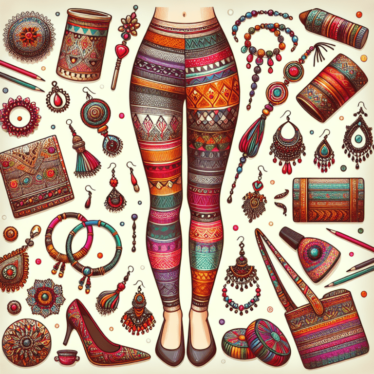 A pair of vibrant and stylish leggings with intricate patterns surrounded by colorful Indian accessories, including bracelets, earrings, beaded necklaces, and hairpieces, showcasing diverse fashion choices for women in India.